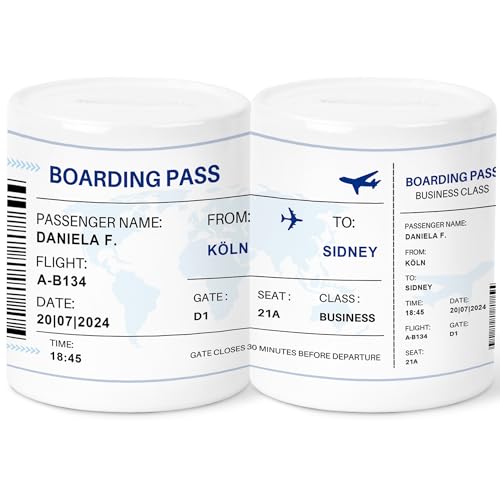 Urlaubskasse Flugzeug Spardose personalisiertes Flugticket Reisekasse Reise Geldgeschenk Verpackung Geschenk Urlaub Sparschwein aus Keramik (Blau) von DEL MÀ Unique & Personal