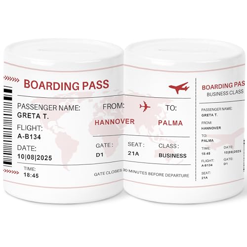 Urlaubskasse Flugzeug Spardose personalisiertes Flugticket Reisekasse Reise Geldgeschenk Verpackung Geschenk Urlaub Sparschwein aus Keramik (Rot) von DEL MÀ Unique & Personal