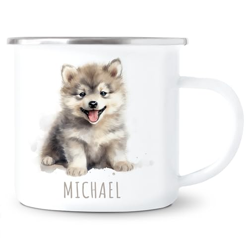 Wolf Emaille Tasse Kinder Trinkbecher personalisierte Kindertasse mit Namen süßer Kinderbecher für Mädchen & Jungen Geschenk Emaille Becher 300 ml (Wolf) von DEL MÀ Unique & Personal