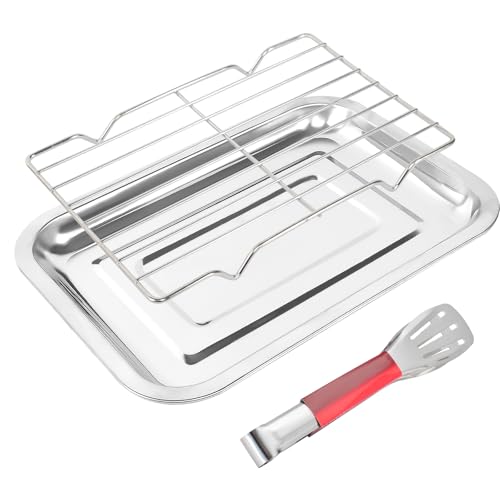 Backblech mit Abkühlgitter Edelstahl Backbleche Klein Ofenblech mit Küchenzange Oven Tray Edelstahl Backblech Set für Backen Braten Servieren (27 x 20 x 2 cm) von DELAESI