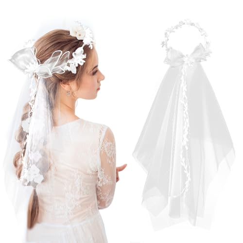 Brautschleier Schleier Braut mit Blumenkranz Haare Elegant Perlen Hochzeit Brautschleier Haarschleife Bride Haarreif für Junggesellinnenabschied Traumhochzeit Hochzeit Zubehör von DELAESI