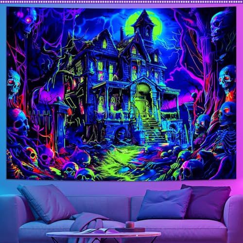DELAESI Halloween Wandteppich UV Reaktiv Wandteppich Schloss Happy Halloween Banner mit Schädel Geist Schloss Fledermause Wandteppiche für Zimmer (200 x 150cm) von DELAESI