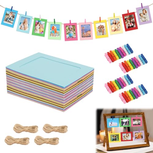 Fotogirlande 40 Stück Foto Girlande Papier Bilderrahmen Bunt 10x15 Fotorahmen mit 40 Stück Holzklammern 4 Hanfseil 6 Zoll Fotos Aufhängen für Geburtstag Hochzeit Party Wand DIY Dekoration von DELAESI