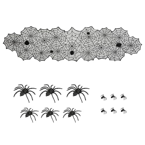 Halloween Tischdeko Tischdecke Spinnen Tischläufer Spinnennetz mit Spitze Schwarz Halloween Tischdecke für Halloween Dekorationen Spukhaus Party (183×45cm) von DELAESI