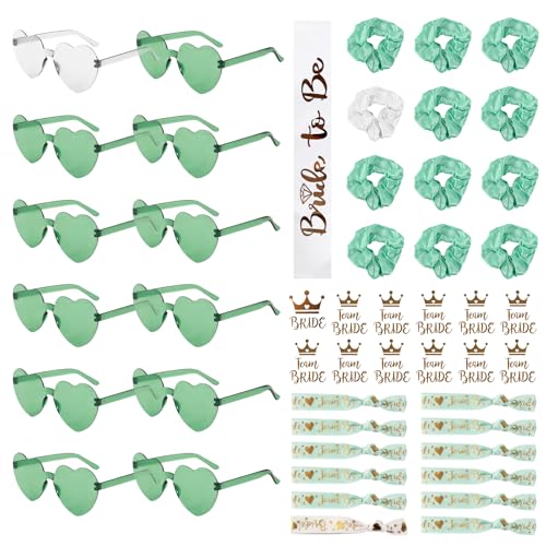 Junggesellenabschied Frauen 49 Stück Jungesellinenabschied Accessoires (1 Bride to Be Schärpe +12 Herzförmige Brille +12 Haargummi+12 Team Bride Armbänder+12 Aufkleber) für Party Hochzeit (Grün) von DELAESI