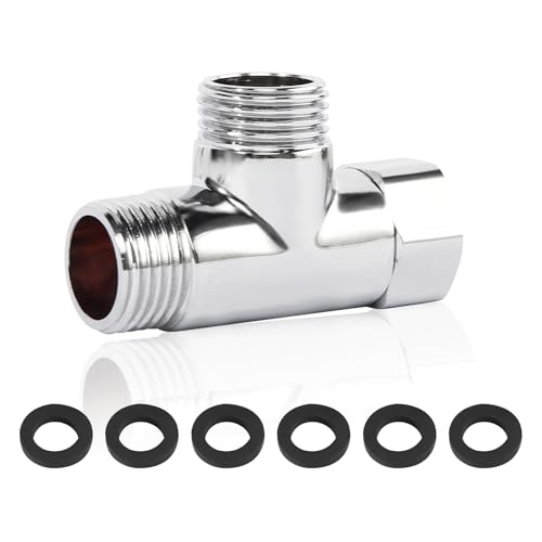 T Stück 1/2 Zoll T Stück Wasseranschluss Verteiler Messing G1/2 Zoll Umstellventil 3 Wege Verbindungsventil mit 6 Unterlegscheiben Abzweigverteiler Umschaltventil für Toiletten Badezimmer (Ø 20mm) von DELAESI