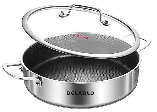 DELARLO Dreilagige Edelstahl-Sautepfanne, 3 QT, tiefe Bratpfanne, Waben-Sauté-Pfanne, Induktions-kompatibel, Kochtopf, Kochpfanne mit Deckel, spülmaschinen- und ofenfest von DELARLO