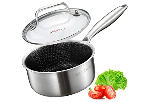 DELARLO Hybird dreilagige Hybrid-Edelstahl-Saucenpfanne, 1,5 l Antihaft-Töpfe, alle ofenfest bis 315 °C, Saucentopf, 1,5 l, antihaftbeschichtete Soßentopf, Saucierpfanne, Wabenpfanne, kleiner von DELARLO