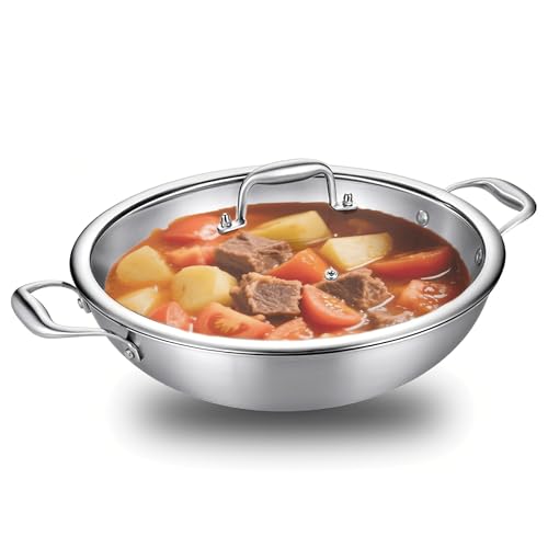 DELARLOCHEF Edelstahl Pfanne 30m,3-Schicht Edelstahlpfanne,Wokpfanne mit Deckel,Induktions Servierpfannen,Gasherdgeeignet, 20% Energiesparend Ofenfest bis 400°C von DELARLOCHEF