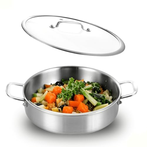 DELARLOCHEF Servierpfanne 24 cm: Dreilagige Edelstahl Hohe Pfanne,Schmorpfanne mit Deckel,Tri-ply Stainless Steel Saute Pan,Double Ear,Deep and Large Frying Pan von DELARLOCHEF
