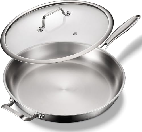 Edelstahlpfanne 36 cm mit Deckel und Henkeln: 3-Schicht Edelstahl Bratpfanne,Pfanne Ofenfest bis zu 400℃,Schnell und Gleichmäßig Erhitzend,Große Kochfläche,14.2 Inch Stainless Steel Pan von DELARLOCHEF