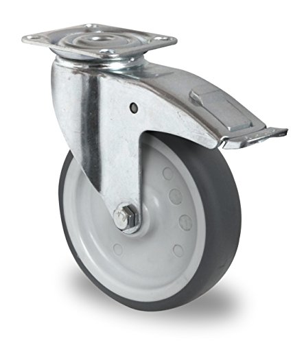 Apparaterolle Lenkrolle mit Bremse 100 mm ohne Feststeller Gummi grau-spurlos Anschraubplatte Möbelrolle Transportrolle von DELEX-Rollen