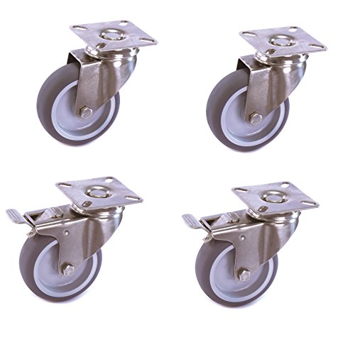 Satz Edelstahlrolle 75 mm Gummi grau spurlos Anschraubplatte mit ohne Bremse V2A INOX Transportrolle Apparaterolle aus Edelstahl Platte von DELEX-Rollen