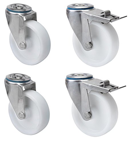 Satz Transportgeräterolle Edelstahl 80 mm Rad aus Polyamid Rückenloch Lenkrolle mit ohne Feststeller V2A INOX Edelstahlrolle Polyamidrad Totalfeststeller Bremse Stop Satz Transportgeräterolle Edelstahl 80 mm Rad aus Polyamid Rückenloch Lenkrolle mit ohne Feststeller V2A INOX Edelstahlrolle Polyamidrad Totalfeststeller Bremse Stop von DELEX-Rollen