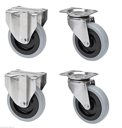 Satz je 2 Transportgeräterolle Bockrolle Lenkrolle Edelstahl 125 mm Rad Gummibereifung grau spurlos Anschraubplatte V2A INOX Edelstahlrolle Polyamidrad Gummi Gummibereifung von DELEX-Rollen