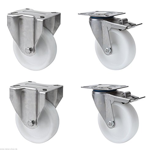 Satz je 2 Transportgeräterolle Bockrolle Lenkrolle totalfeststellbar Edelstahl 100 mm Rad aus Polyamid Anschraubplatte V2A INOX Edelstahlrolle mit Totalfeststeller Bremse Polyamidrad von DELEX-Rollen