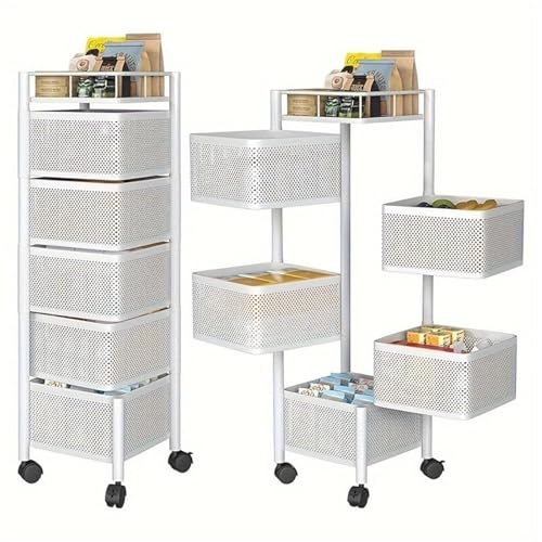 5-layer rotating floor storage rack - multi-layer wheeled cart with square frame, suitable for bathroom racks, fruits and vegetables, and other multi-functional storage(White) von DELHXPBML