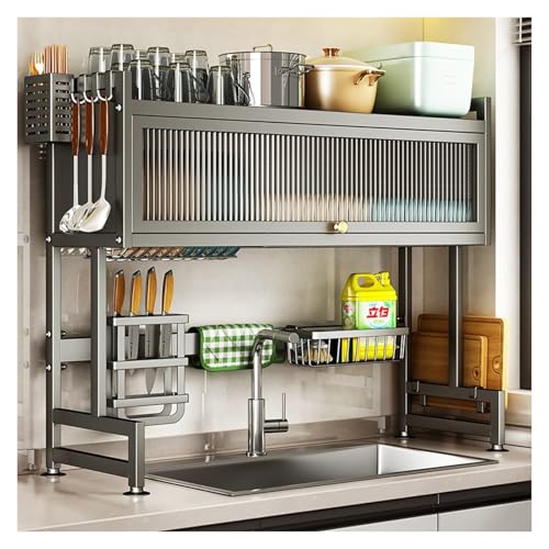 Dish drain rack over sink 3-tier dish rack to keep your kitchen tidy, with lid to prevent dust and dirt, for placing kitchen utensils etc. von DELHXPBML
