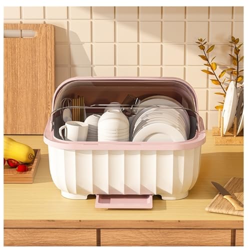 Kitchen bowl and plate drain rack bowl and chopstick storage box, half-open cover to prevent dust, with drain tray for easy daily storage, space saving, convenient to take(Pink) von DELHXPBML