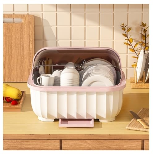 Large-capacity kitchen tableware drain storage box, with lid to prevent dust and moisture, with drain tray for convenient daily tableware storage, convenient and space-saving(Pink) von DELHXPBML