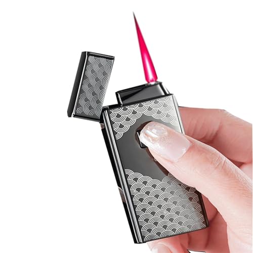Tragbares Butan Jet Red Flame Feuerzeug, One-Touch-Zündung, Metall geprägter Körper, kann mit Butan gefüllt werden, geeignet für Kerzen, Camping, Männergeschenke.(Butan nicht enthalten)(Schwarz1) von DELHXPBML