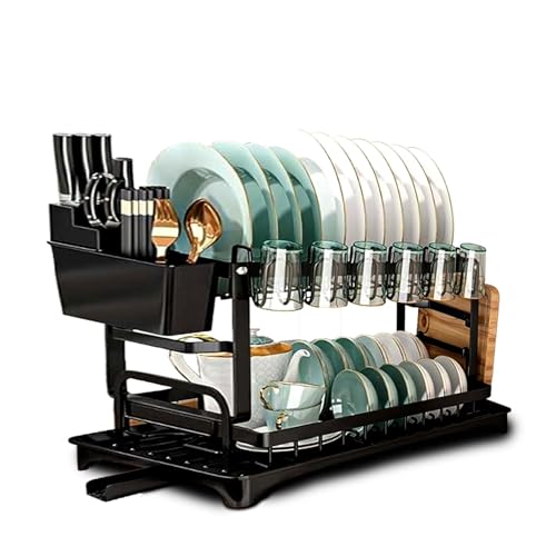Versatile Heavy Duty Rust-Proof Double Layer Dish Rack with 360° Drain with Cutlery Holder and Storage Basket, Compact Space-Saving Design for Kitchen Countertop Organization(Black) von DELHXPBML