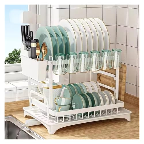 Versatile Heavy Duty Rust-Proof Double Layer Dish Rack with 360° Drain with Cutlery Holder and Storage Basket, Compact Space-Saving Design for Kitchen Countertop Organization(White) von DELHXPBML