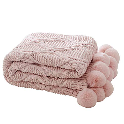 DELIBEST Strickdecke mit Pom Poms, 50x60, weiche Verdickung Freizeit Sofa Bett Decke Home Weiche Dekoration, Rosa von DELIBEST