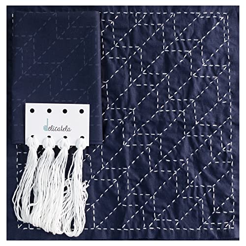 Sashiko | Japanische Stickpackung | Stoff 68 cm x 34 cm vorbedruckt (30 cm x 30 cm) | Naturgarn | Nadel | Stickanleitung | Federn | von Delicatela (Indigo) von DELICATELA