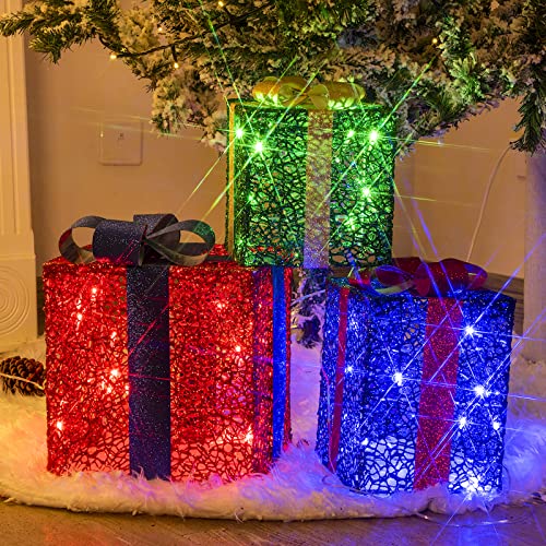 DELICHTER LED Weihnachtsdeko, 3× Rot/Grün/Blau Geschenkbox mit Schleifen Weihnachtsbeleuchtung für Innen,Zimmer,Wohnung beim Tannenbaum von DELICHTER