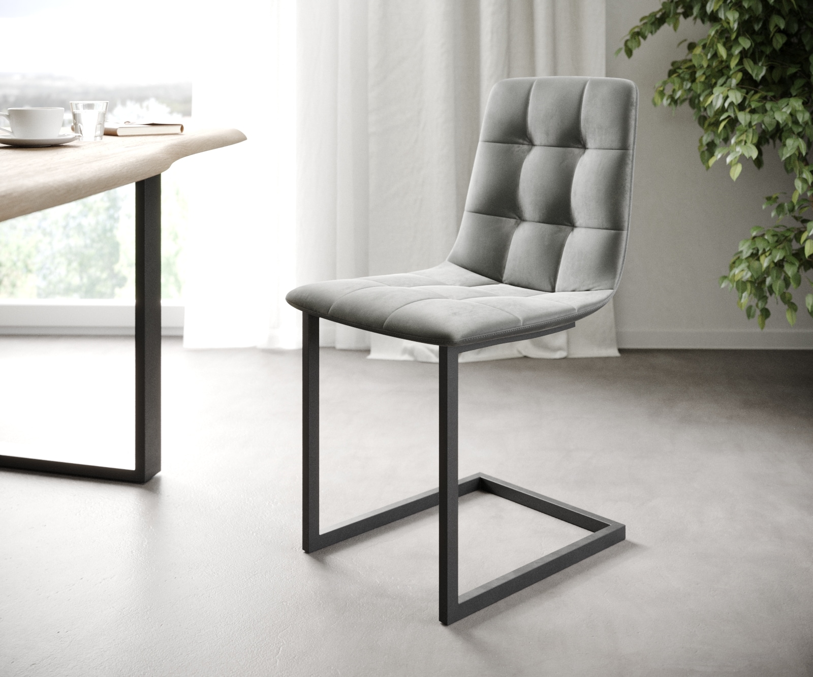 4-er-Set-Esszimmerstuhl Caro-Adesso Hellgrau Samt Freischwinger 4-er-Set-Esszimmerstuhl Caro-Adesso Hellgrau Samt Freischwinger von DELIFE
