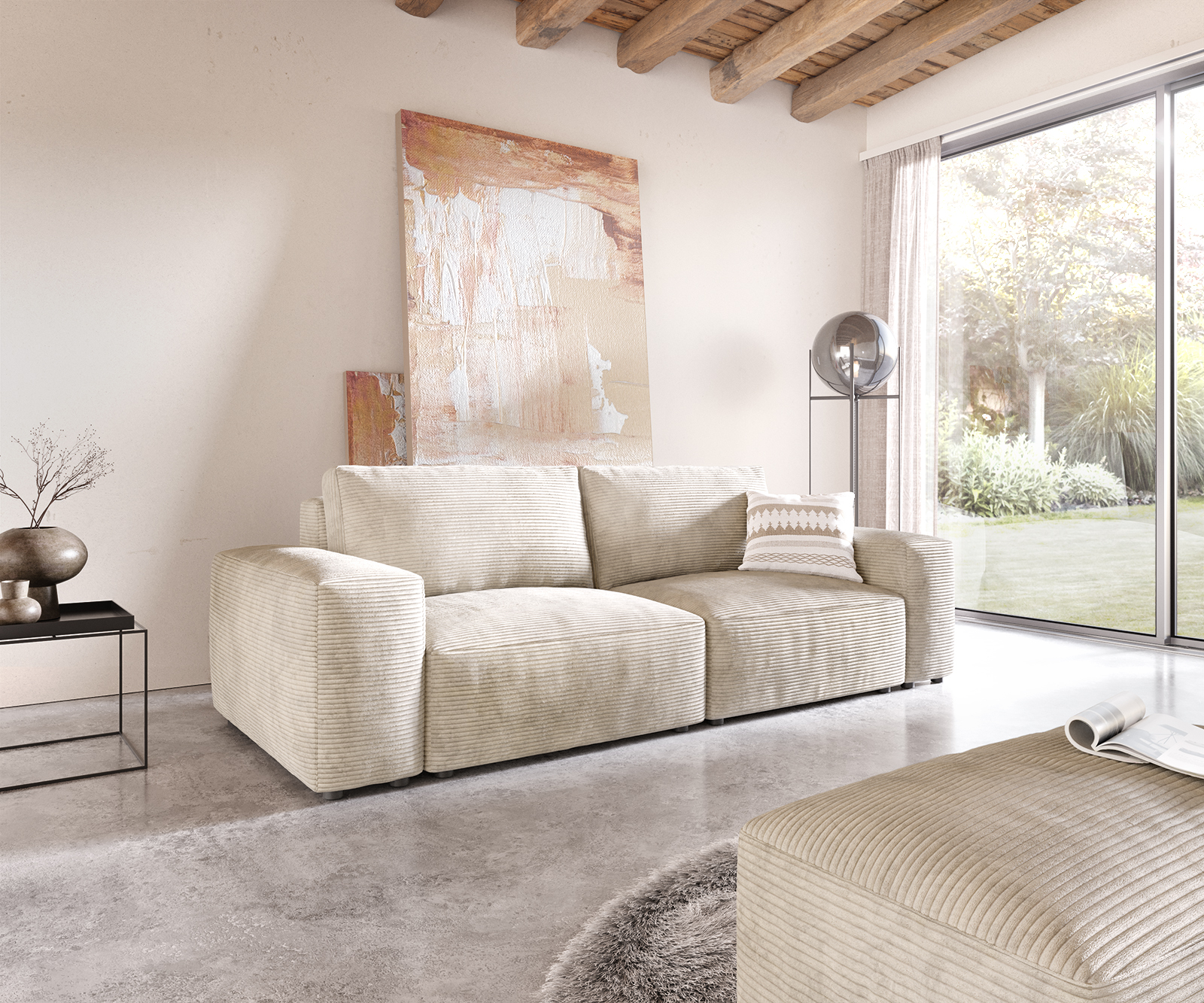 Big-Sofa Lanzo L 260x110 cm Cord Beige mit Hocker von DELIFE