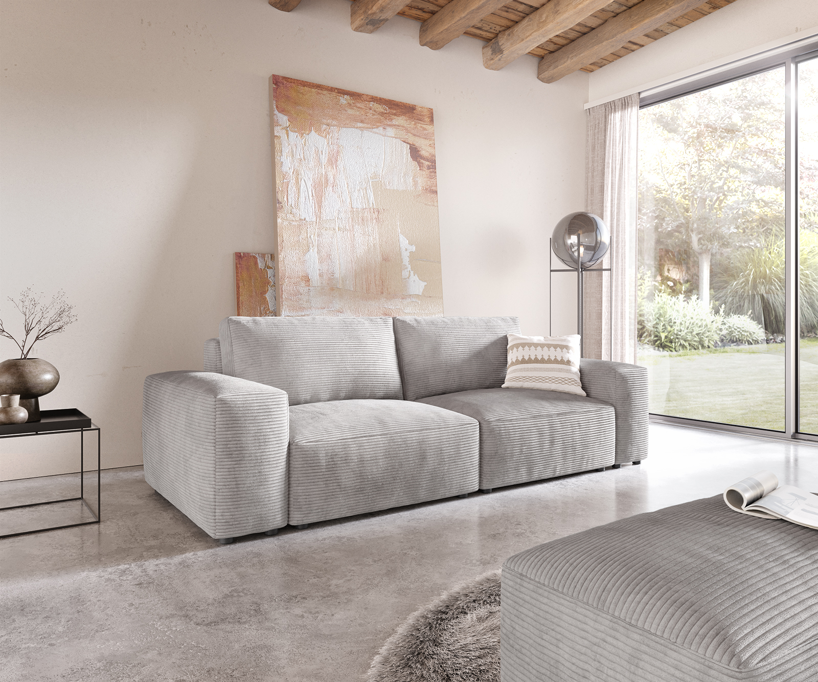 Big-Sofa Lanzo L 260x110 cm Cord Silbergrau mit Hocker von DELIFE