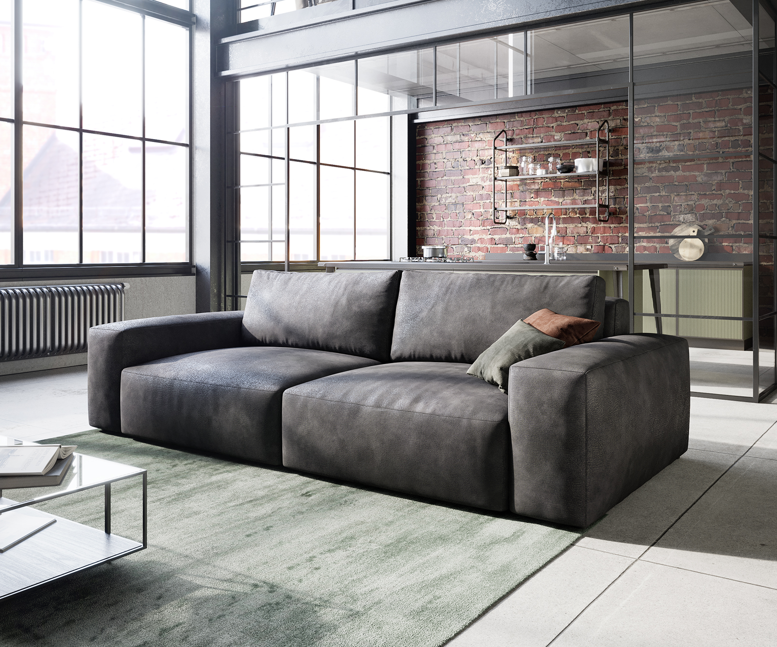 Big-Sofa Lanzo L 260x110 cm Lederimitat Vintage Anthrazit von DELIFE