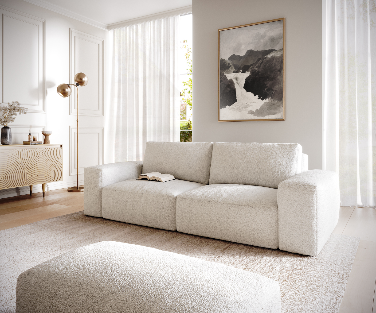 Big-Sofa Lanzo L 260x110 cm Bouclé Creme-Weiß mit Hocker von DELIFE