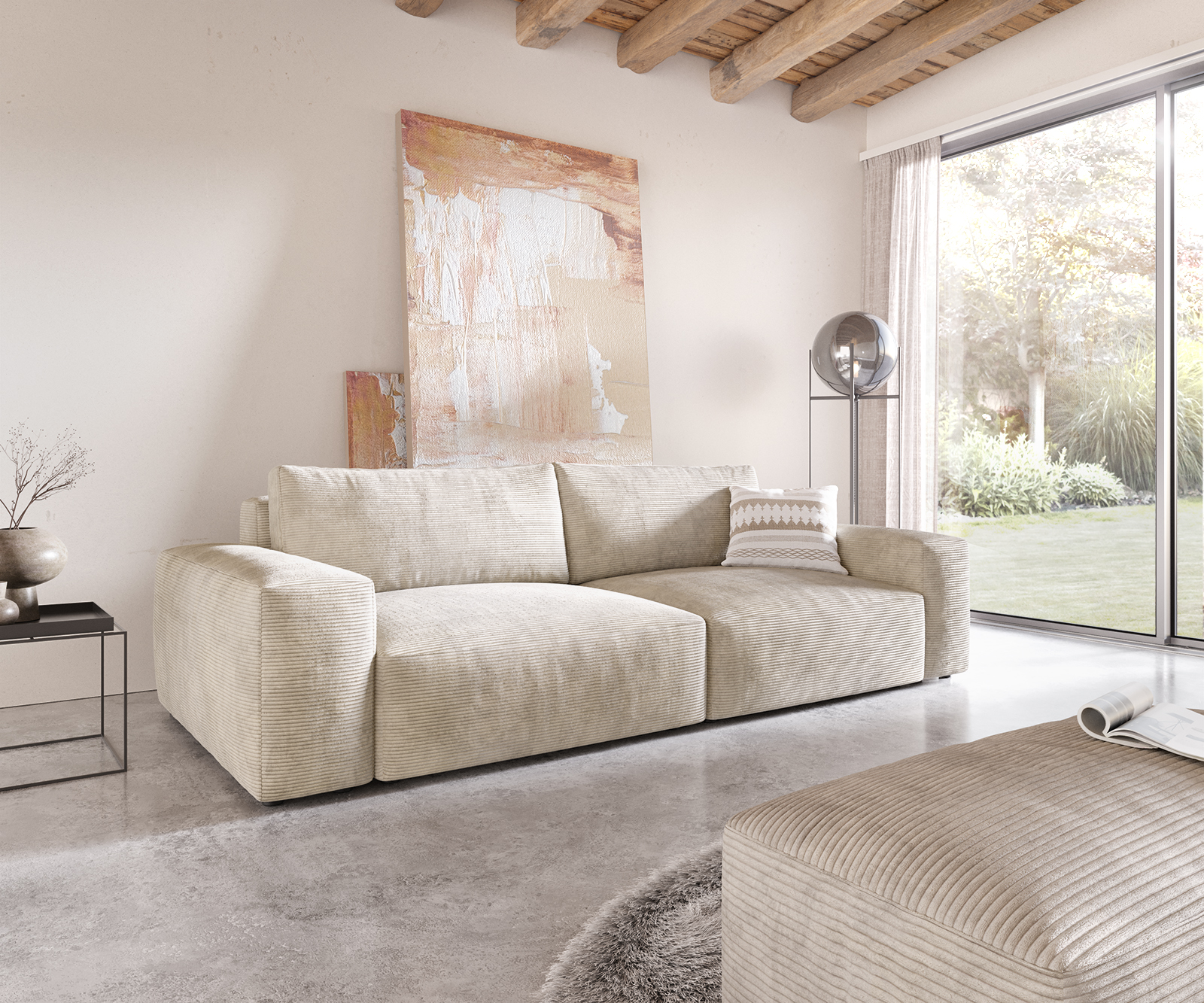 Big-Sofa Lanzo XL 270x130 cm Cord Beige mit Hocker von DELIFE