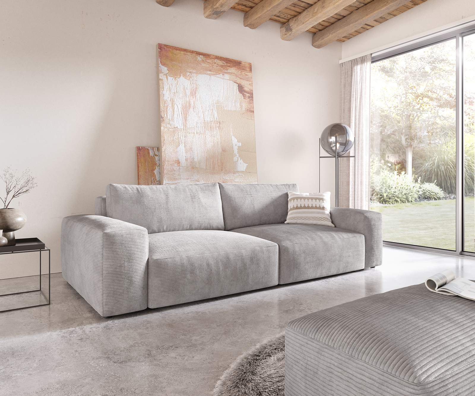 Big-Sofa Lanzo XL 270x130 cm Cord Silbergrau mit Hocker von DELIFE