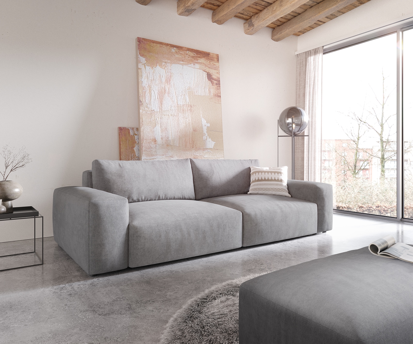 Big-Sofa Lanzo XL 270x130 cm Mikrofaser Grau mit Hocker von DELIFE