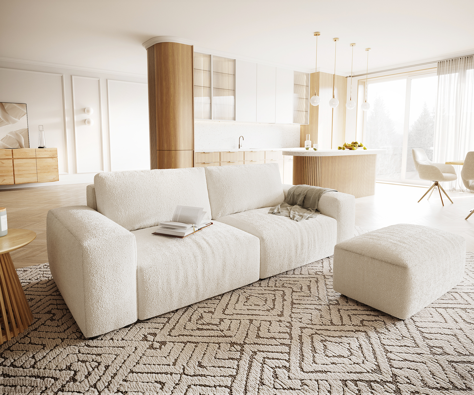 Big-Sofa Lanzo XL 270x130 cm Bouclé Creme-Weiß mit Hocker von DELIFE