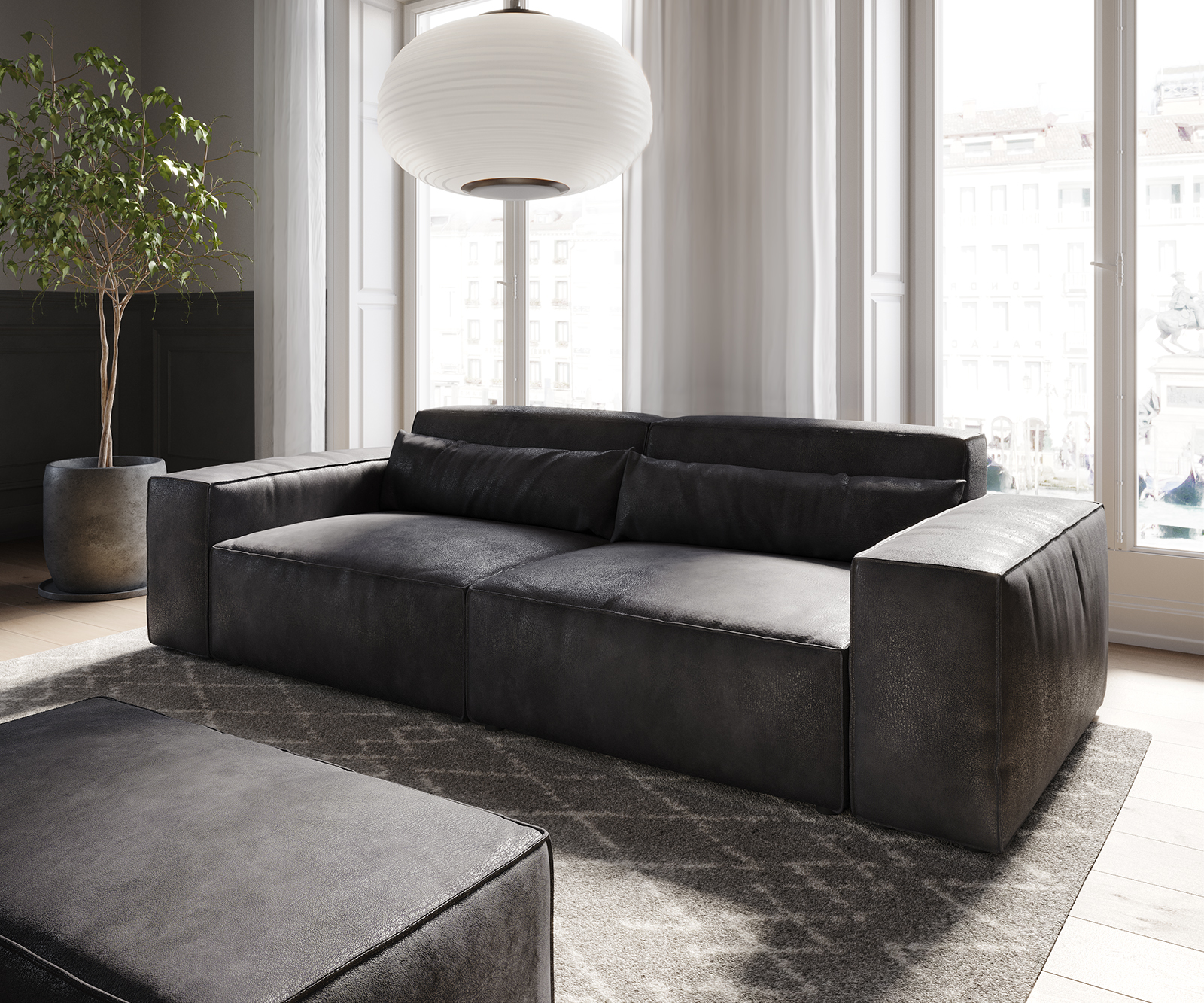 Big-Sofa Sirpio L 260x110 cm Lederimitat Vintage Anthrazit  mit Hocker von DELIFE