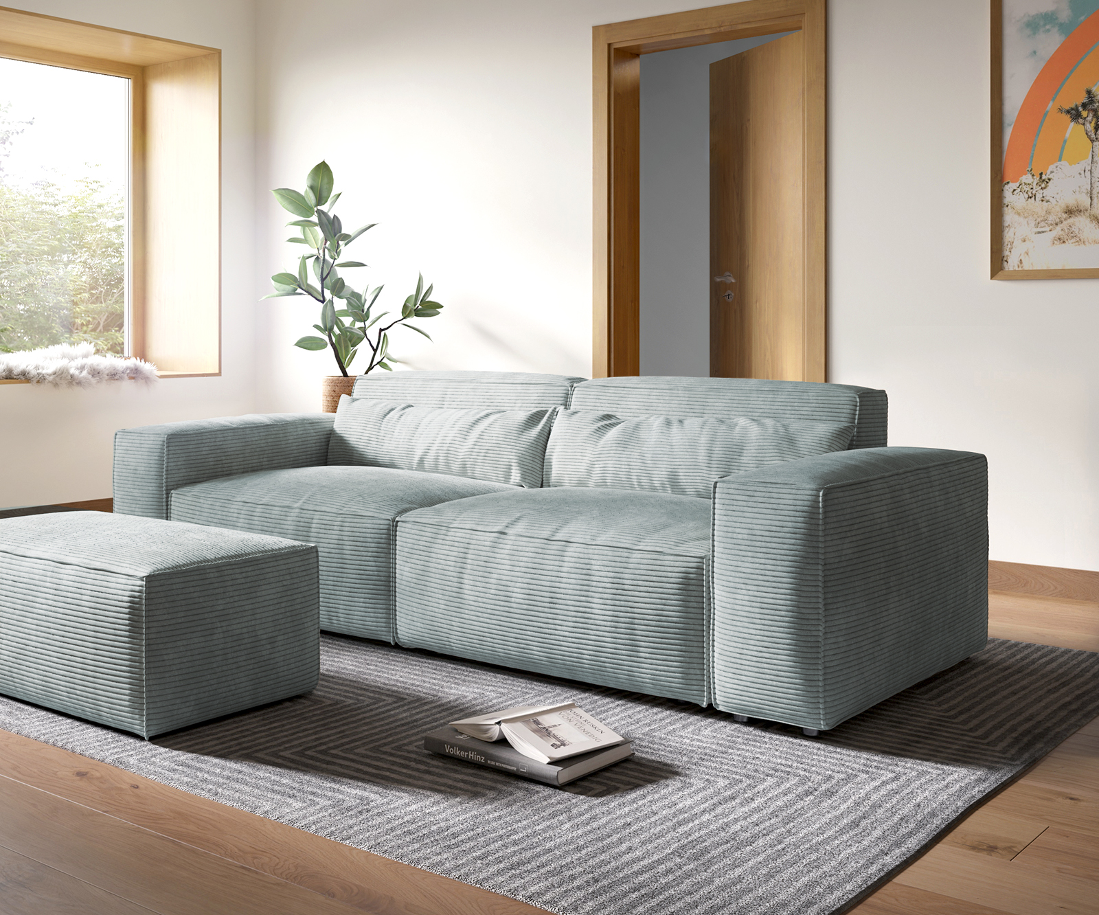 Big-Sofa Sirpio XL 270x130 cm Cord Pastellblau mit Hocker von DELIFE