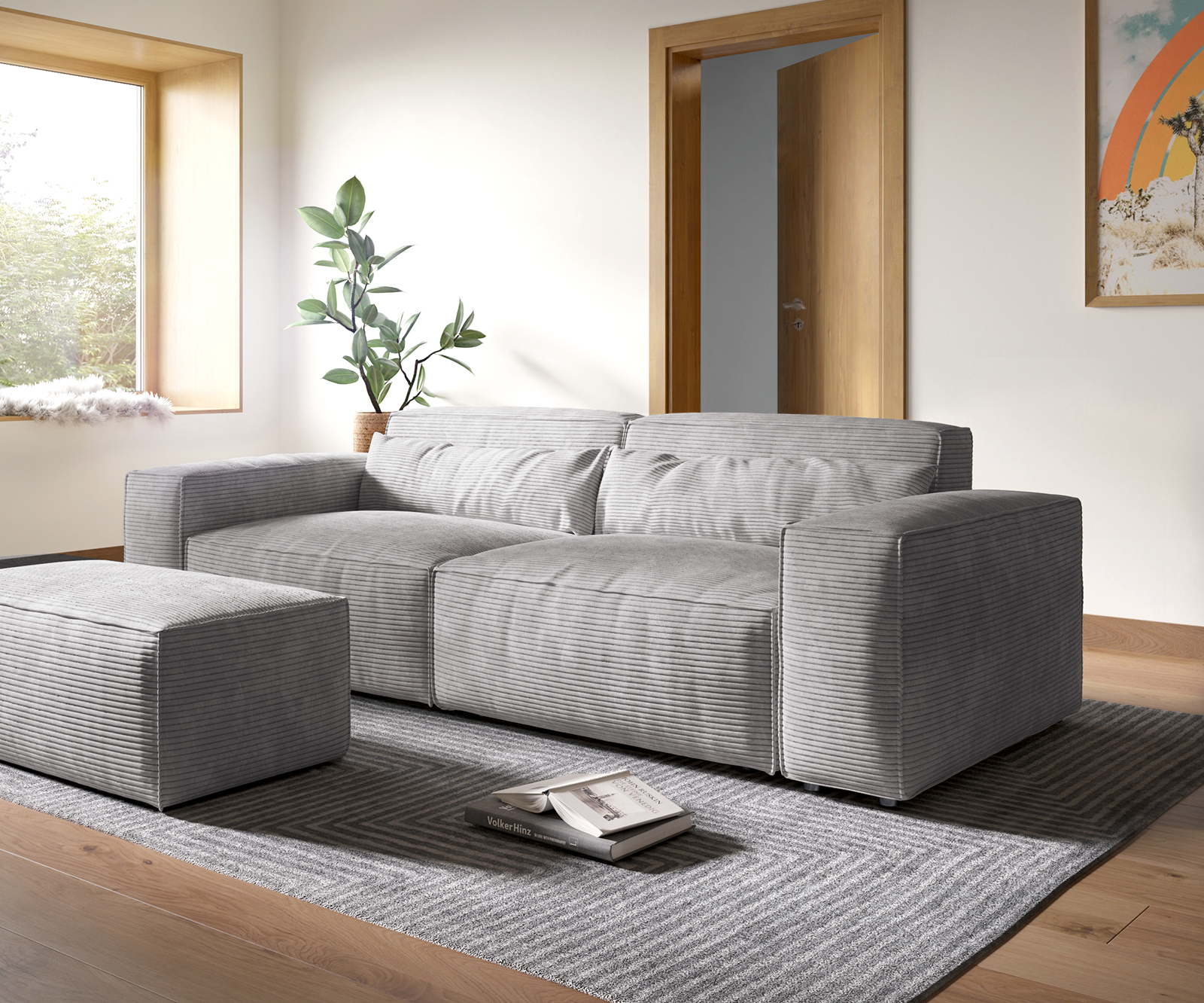 Big-Sofa Sirpio XL 270x125 cm Cord Silbergrau mit Hocker von DELIFE