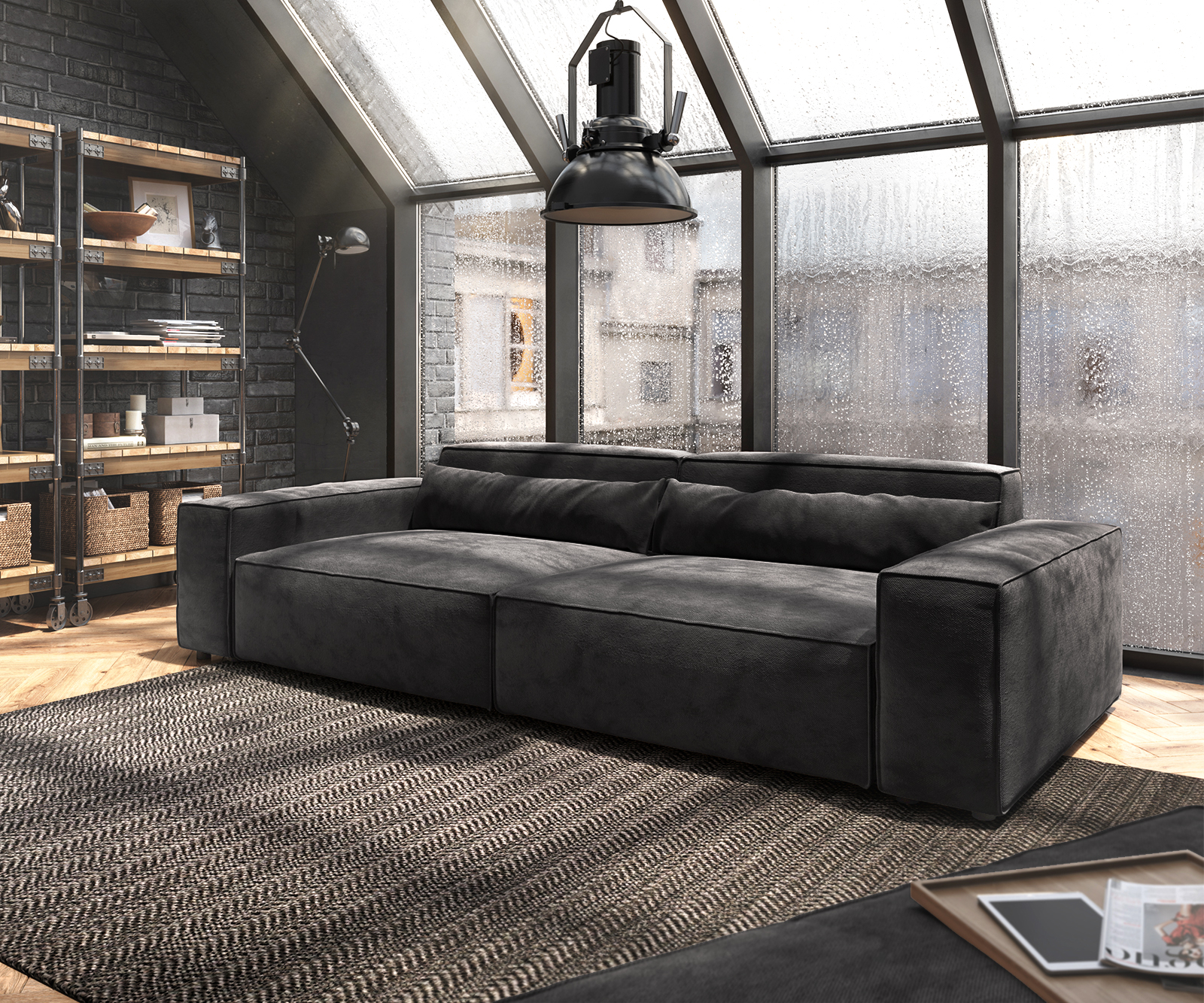 Big-Sofa Sirpio XL 270x125 cm Mikrofaser Schwarz mit Hocker von DELIFE