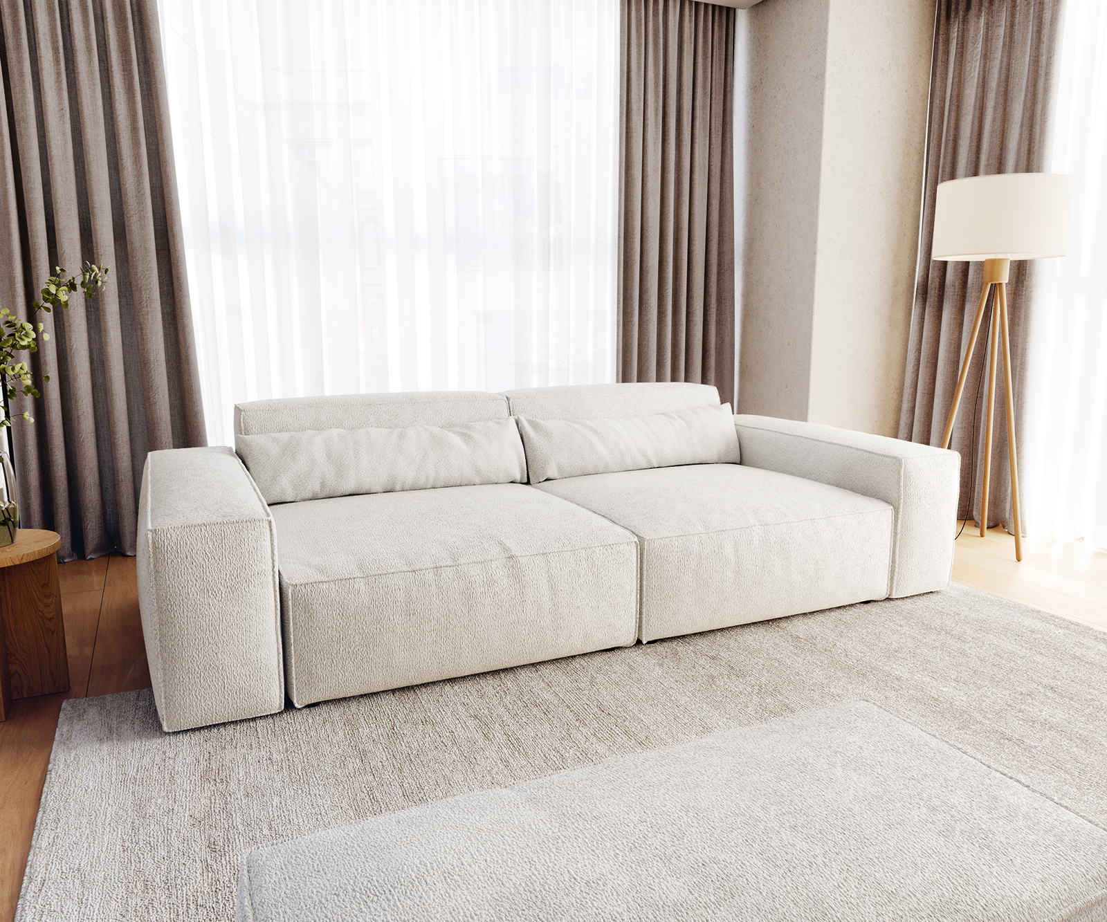 Big-Sofa Sirpio XL 270x130 cm Bouclé Creme-Weiß mit Hocker von DELIFE