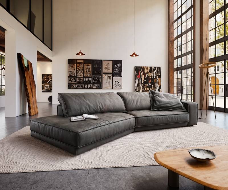 Big-Sofa Snoosh 400x150 cm Mikrofaser Schwarz Vintage Recamiere links von DELIFE