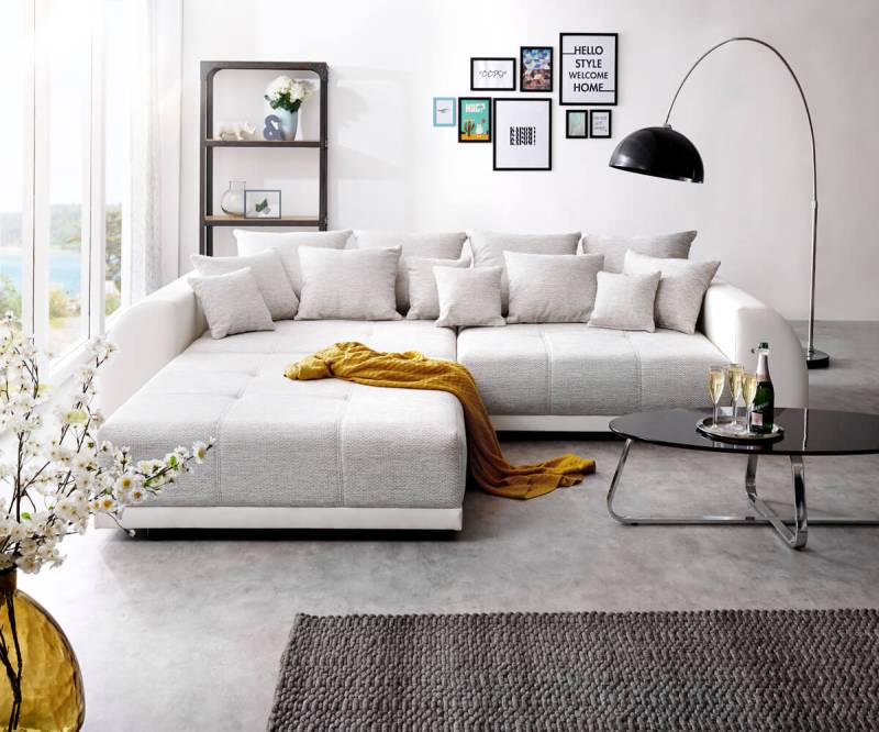 Big-Sofa Violetta 310x135 cm Hellgrau Creme mit Hocker von DELIFE