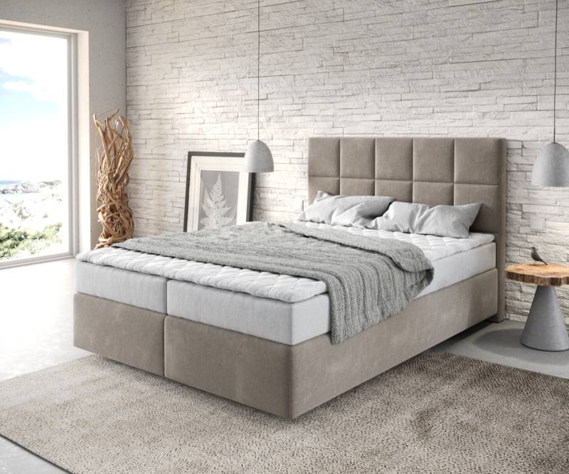 Boxspringbett Dream-Fine 140x200 cm Mikrofaser Beige mit Matratze und Topper von DELIFE