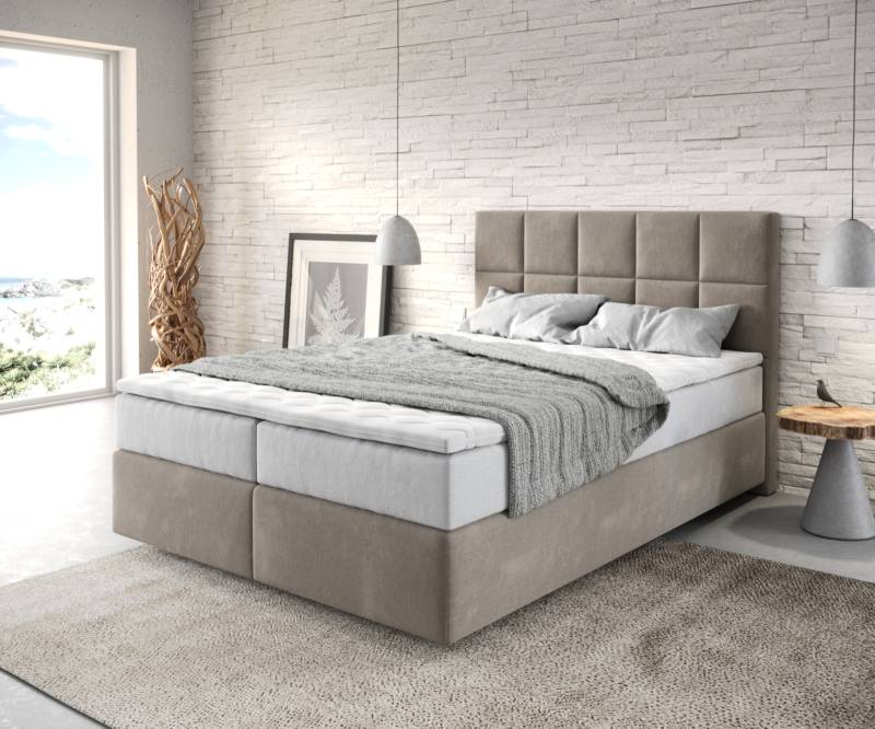 Boxspringbett Dream-Fine 140x200 cm Mikrofaser Beige mit TFK Matratze und Visco Topper von DELIFE