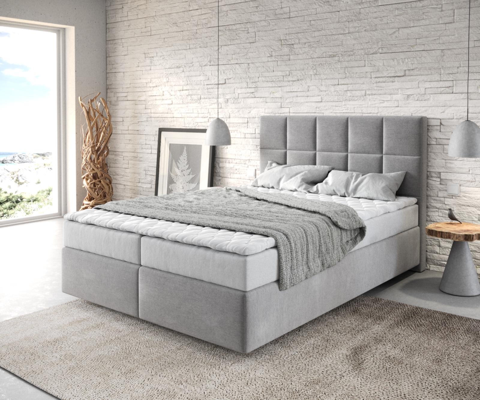 Boxspringbett Dream-Fine 140x200 cm Mikrofaser Grau mit Matratze und Topper von DELIFE