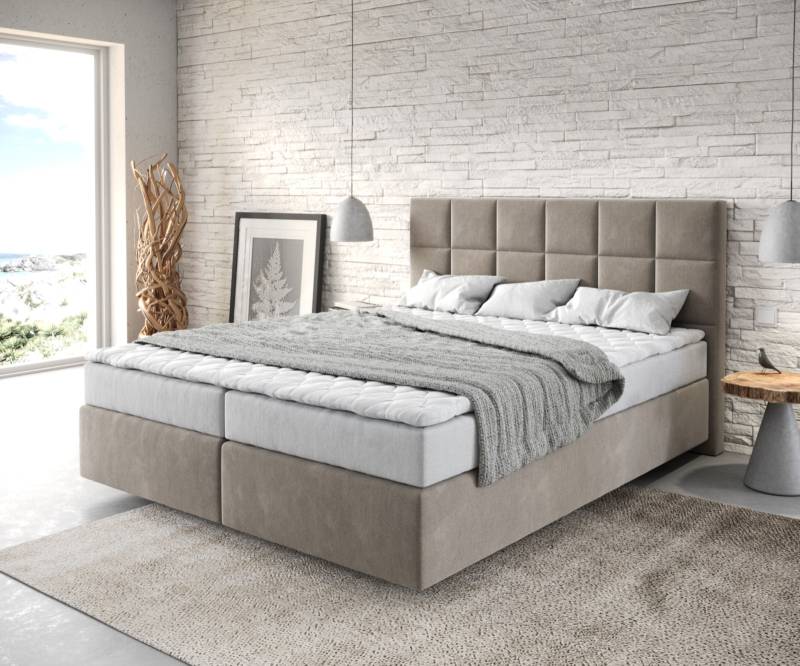 Boxspringbett Dream-Fine 160x200 cm Mikrofaser Beige mit Matratze und Topper von DELIFE